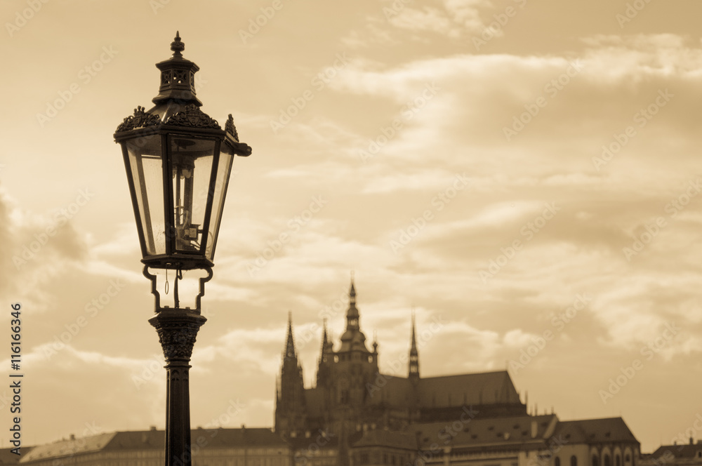 Prague street lamp closeup against Cathedral of Saints Vitus