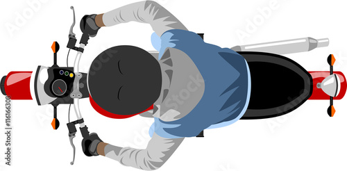 color classic motorcycle with rider wearing sleeveless jacket, hoodie and helmet top view