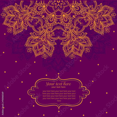 Vintage invitation card with lace ornament. Template frame design for card.