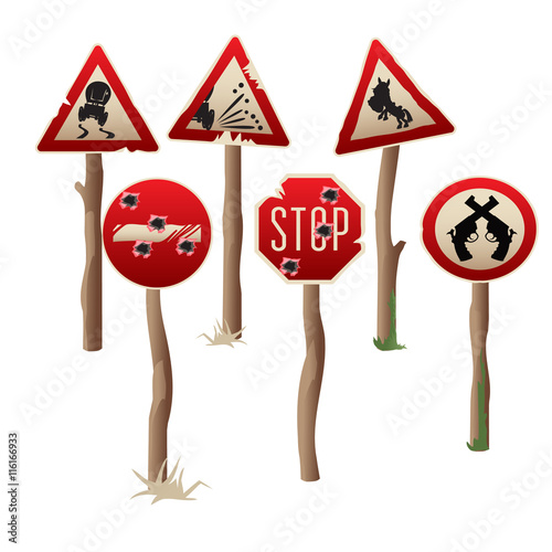 Set of six riddled road signs in western style