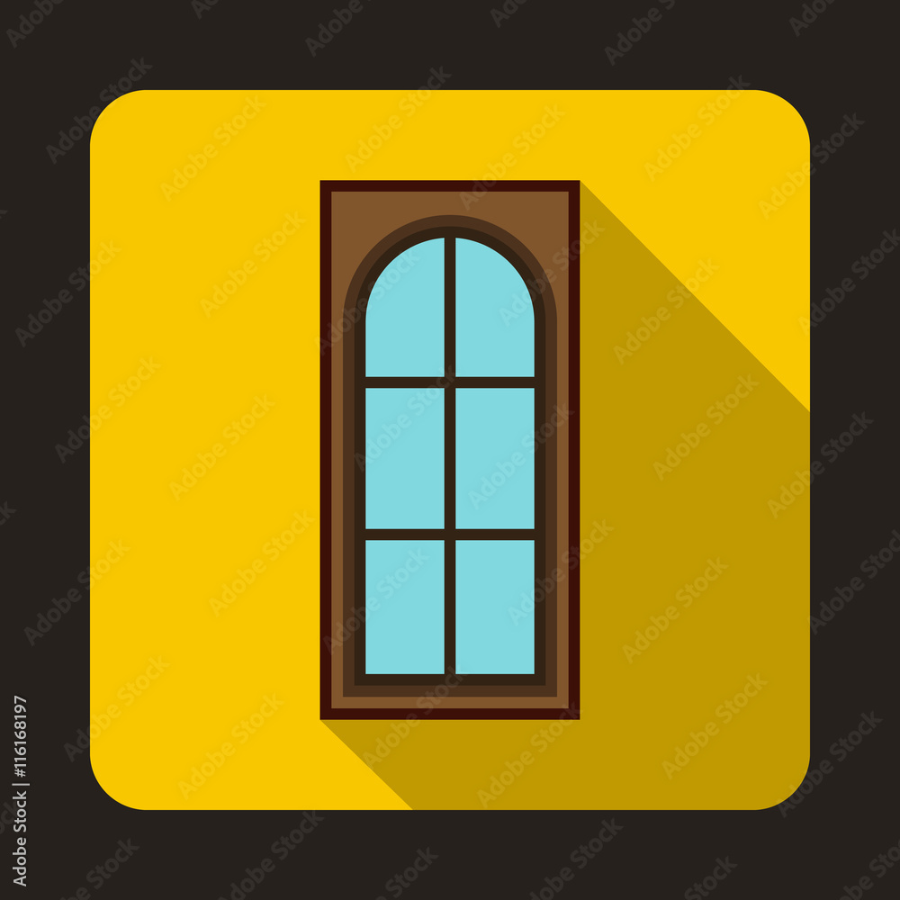 Wooden door with glass icon in flat style on a yellow background Wooden door with glass icon in flat style on a yellow background