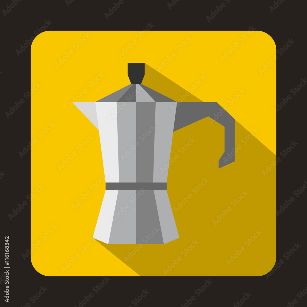 Steel retro coffee pot icon in flat style on a yellow background Steel retro coffee pot icon in flat style on a yellow background