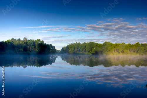 trees reflected in the water of the lake
