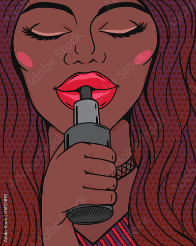 African american woman vaping - smoking e-cig, pop art retro comics style vector