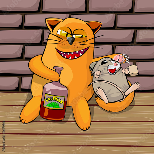 Red cat and mouse in the basement drinking valerian. Mouse drunk. cat look tricky, he shows his teeth and claws. Cartoon vector illustration with isolated objects.