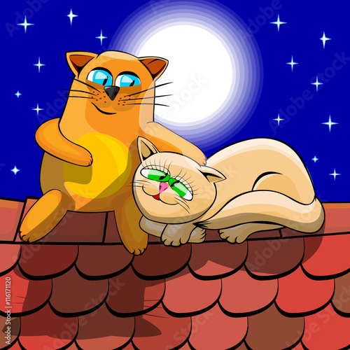Red and white cats cuddling at night on a tiled roof. Cats are sitting on the background of the starry sky above their heads full moon shines. Cartoon vector illustration with isolated objects.