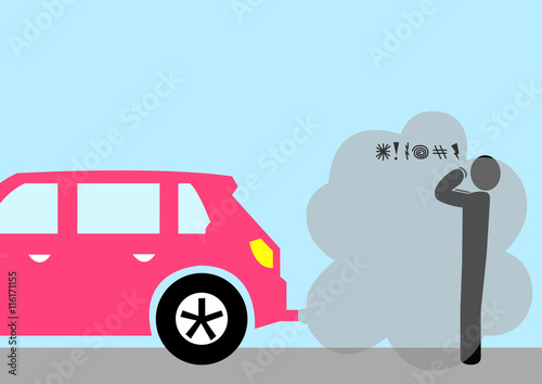 Illustration Autoabgase; Umweltverschmutzung; Schadstoffe; Mann; einatment; giftig; ärgern; Auspuff