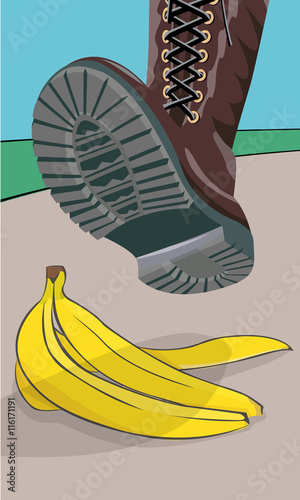 The foot in the shoe does step on a banana peel. A moment before. Cartoon vector illustration with isolated objects.