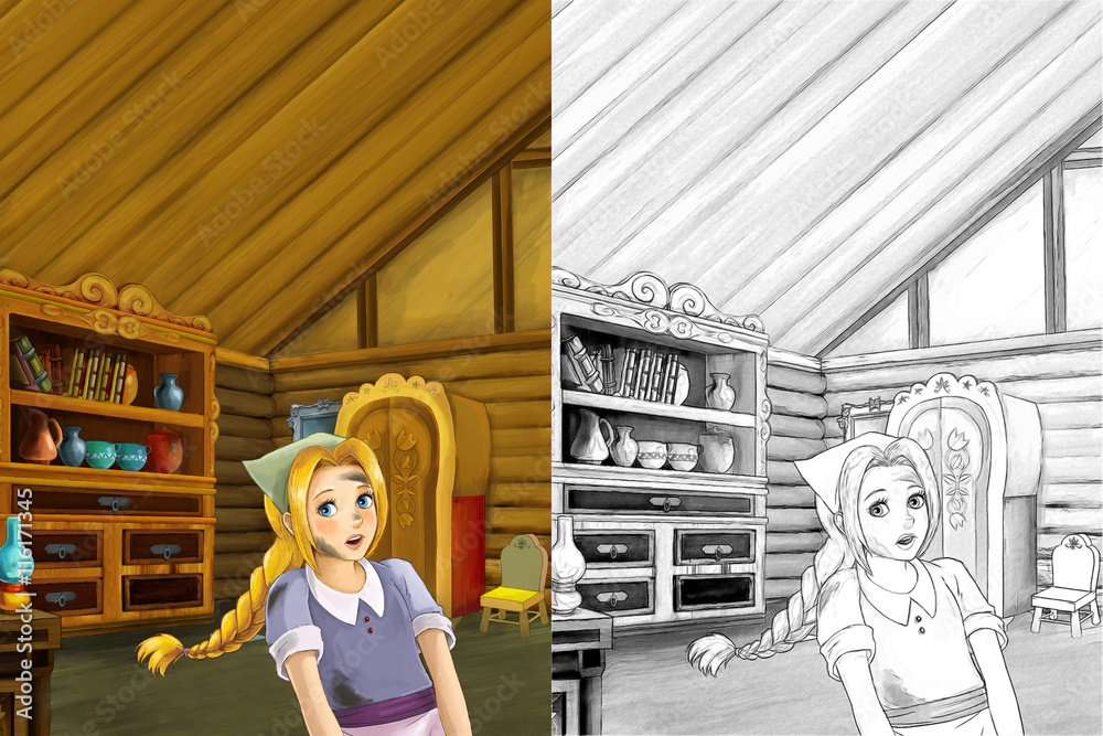 Cartoon scene in the old traditional kitchen - young dirty girl - cook or  house help in it - beautiful manga girl - with coloring page - illustration  for children Stock Illustration | Adobe Stock