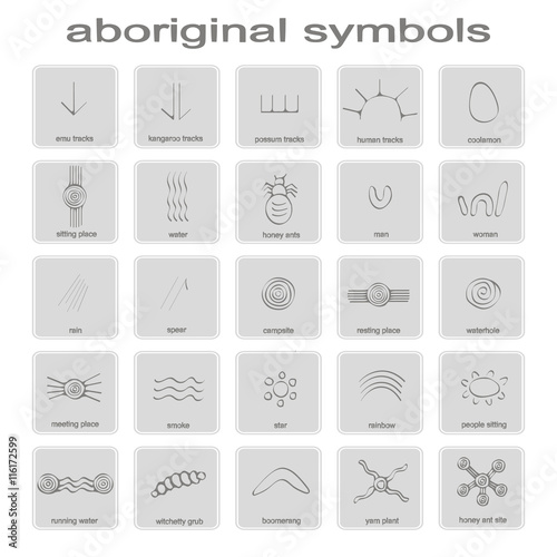 set of monochrome icons with symbols of Australian aboriginal art for your design