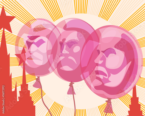 Balloons with the portraits of Lenin, Marx and Engels on the background of the sun and the Red square depicted in the style of Soviet poster. Satire, parody, vector illustration.