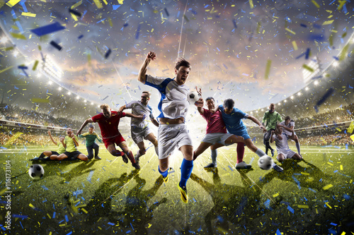 Fototapeta Naklejka Na Ścianę i Meble -  Collage adult children soccer players in action on stadium panorama