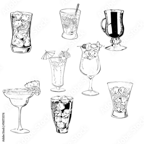 Set of cocktails isolated on white background. Hand drawn vector illustration.