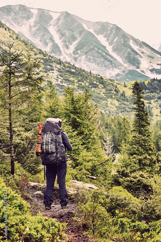 Tourist with a backpack in the woods looking at mountain panoram