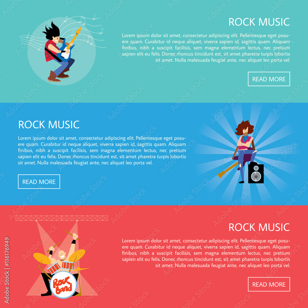 Fototapeta premium Set of templates of banners with rock musicians playing different instruments with space for text vector illustration