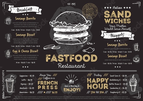 Restaurant fast food cafe menu template flyer vintage design vector illustration
