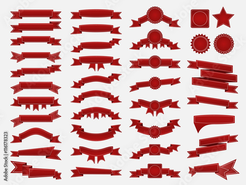 Big set of embroidered red ribbons and stumps isolated on white. Can be used for banner, award, sale, icon, logo, label etc. Vector illustration