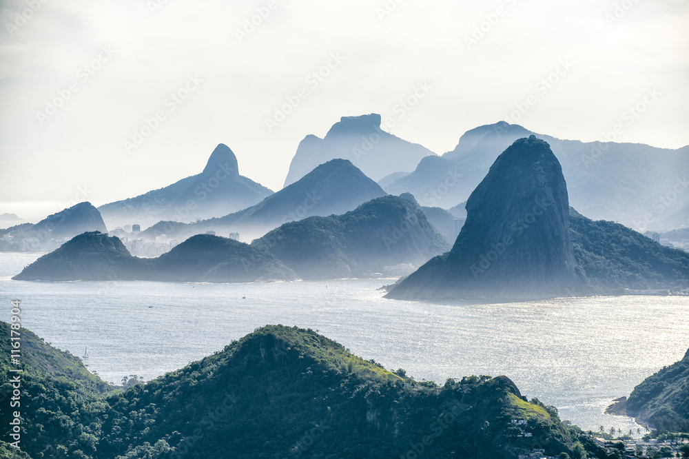 City skyline scenic overlook from Parque da Cidade of Rio de Janeiro, Brazil with Niteroi, Guanabara Bay, and Sugarloaf Mountain