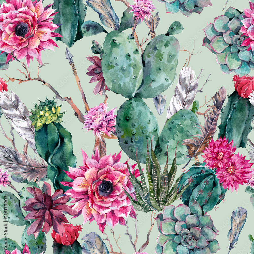 Fototapeta Cactus watercolor seamless pattern in boho style. 