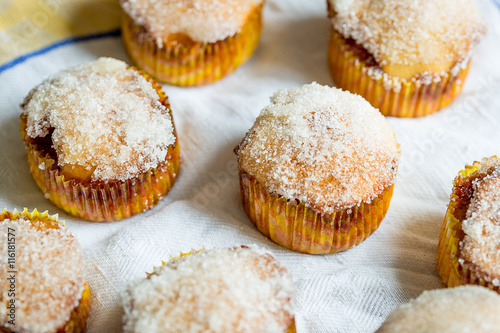 Tasty Vanilla Muffins with Strawberry Jam and Sugar Topping, English Breakfast Time