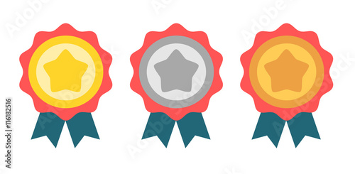 cute cartoon flat gold silver and bronze medals badge set vector illustration