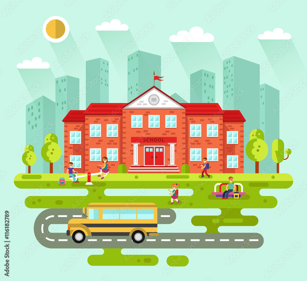 Vector flat style illustration of City landscape with school building. Bus, playground with playing kids, road, girls and boys with backpacks going to learn. Education concept. The Knowledge day. Vector flat style illustration of City landscape with school building. Bus, playground with playing kids, road, girls and boys with backpacks going to learn. Education concept. The Knowledge day.