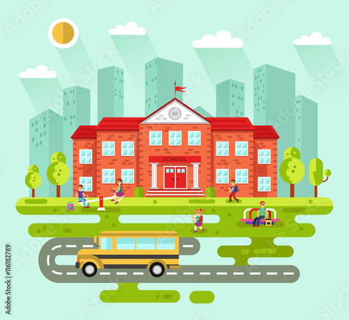 Vector flat style illustration of City landscape with school building. Bus, playground with playing kids, road, girls and boys with backpacks going to learn. Education concept. The Knowledge day.