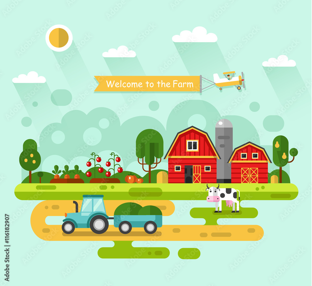 Flat design vector rural landscape illustration with farm building, barn, garden, beds of carrots, tomatoes, pumpkin, cow. Farming, agricultural, organic products concept. Airplane with banner.