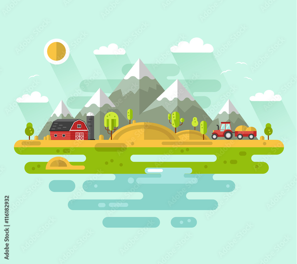 Flat design vector rural landscape illustration with farm building, barn, tractor, field, mountains, waterside, river. Farming, agricultural, organic products concept.