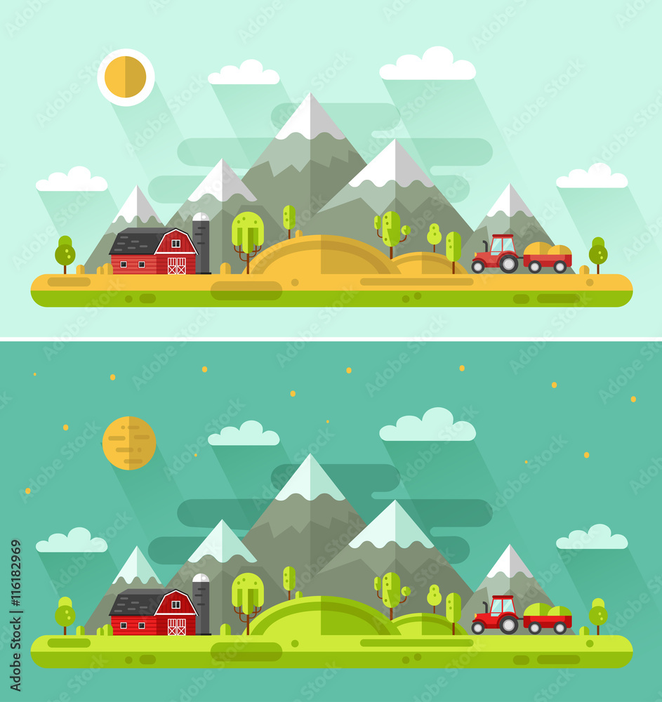 Flat design vector Day and Night rural landscapes illustration with farm building, barn, tractor, field, sun, hills, mountains, moon. Farming, agricultural, organic products concept.