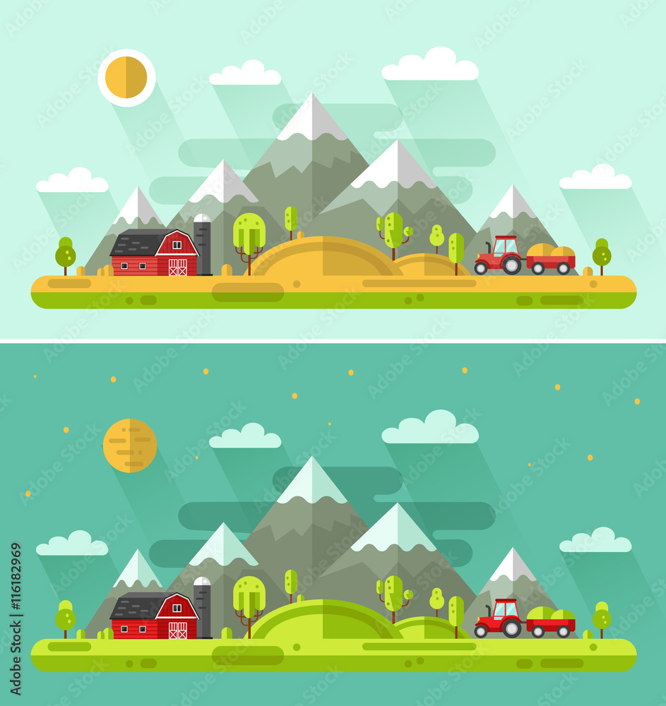 Flat design vector Day and Night rural landscapes illustration with farm building, barn, tractor, field, sun, hills, mountains, moon. Farming, agricultural, organic products concept. Flat design vector Day and Night rural landscapes illustration with farm building, barn, tractor, field, sun, hills, mountains, moon. Farming, agricultural, organic products concept.