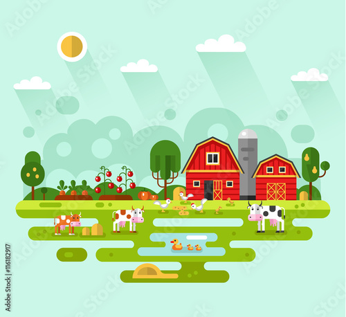 Flat design vector rural landscape illustration with farm building  barn  garden  beds of carrots  tomatoes  pumpkin  cows  ducks  chickens. Farming  agricultural  organic products concept.