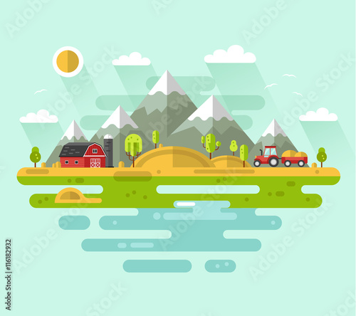 Fototapeta Naklejka Na Ścianę i Meble -  Flat design vector rural landscape illustration with farm building, barn, tractor, field, mountains, waterside, river. Farming, agricultural, organic products concept.