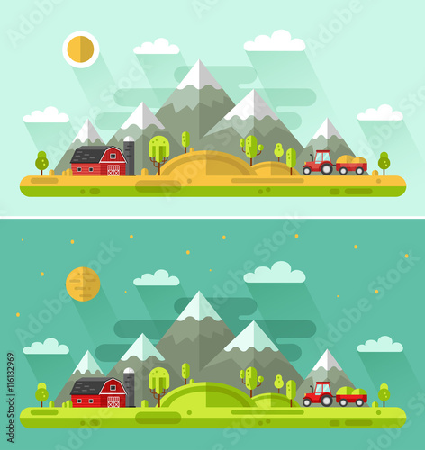 Flat design vector Day and Night rural landscapes illustration with farm building, barn, tractor, field, sun, hills, mountains, moon. Farming, agricultural, organic products concept.