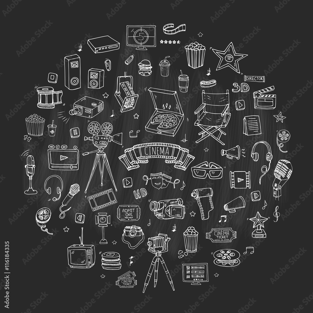 Hand drawn doodle Cinema set. Vector illustration. Movie making icons. Film symbols collection. Cinematography freehand elements: camera, film tape, photo camera, pizza, popcorn, projector, microphone Hand drawn doodle Cinema set. Vector illustration. Movie making icons. Film symbols collection. Cinematography freehand elements: camera, film tape, photo camera, pizza, popcorn, projector, microphone
