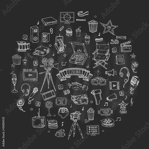 Hand drawn doodle Cinema set. Vector illustration. Movie making icons. Film symbols collection. Cinematography freehand elements: camera, film tape, photo camera, pizza, popcorn, projector, microphone