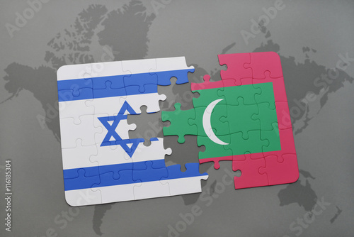 puzzle with the national flag of israel and maldives on a world map background.