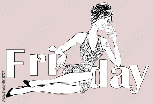 Friday fashion woman sitting with martini, sketch style
