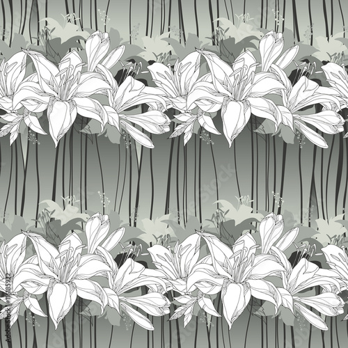 Fototapeta Naklejka Na Ścianę i Meble -  Seamless pattern with ornate white Lily flower, buds and leaves on the striped background in black. Floral background with lilies in contour style for elegance design.