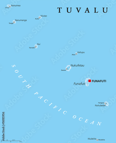 Tuvalu political map with capital Funafuti and important villages. Formerly known as the Ellice Islands, a Polynesian island nation in the Pacific Ocean, comprises reefs and atolls. English labeling. photo