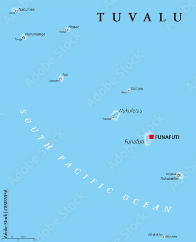 Tuvalu political map with capital Funafuti and important villages. Formerly known as the Ellice Islands, a Polynesian island nation in the Pacific Ocean, comprises reefs and atolls. English labeling.