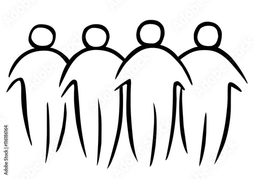 Abstrakt gezeichnete Gruppe aus vier wohlbeleibten Strichmännchen / schwarz-weiß, Vektor, freigestellt