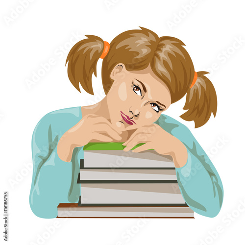 Isolated schoolgirl with textbooks in a flat style. vector illustration