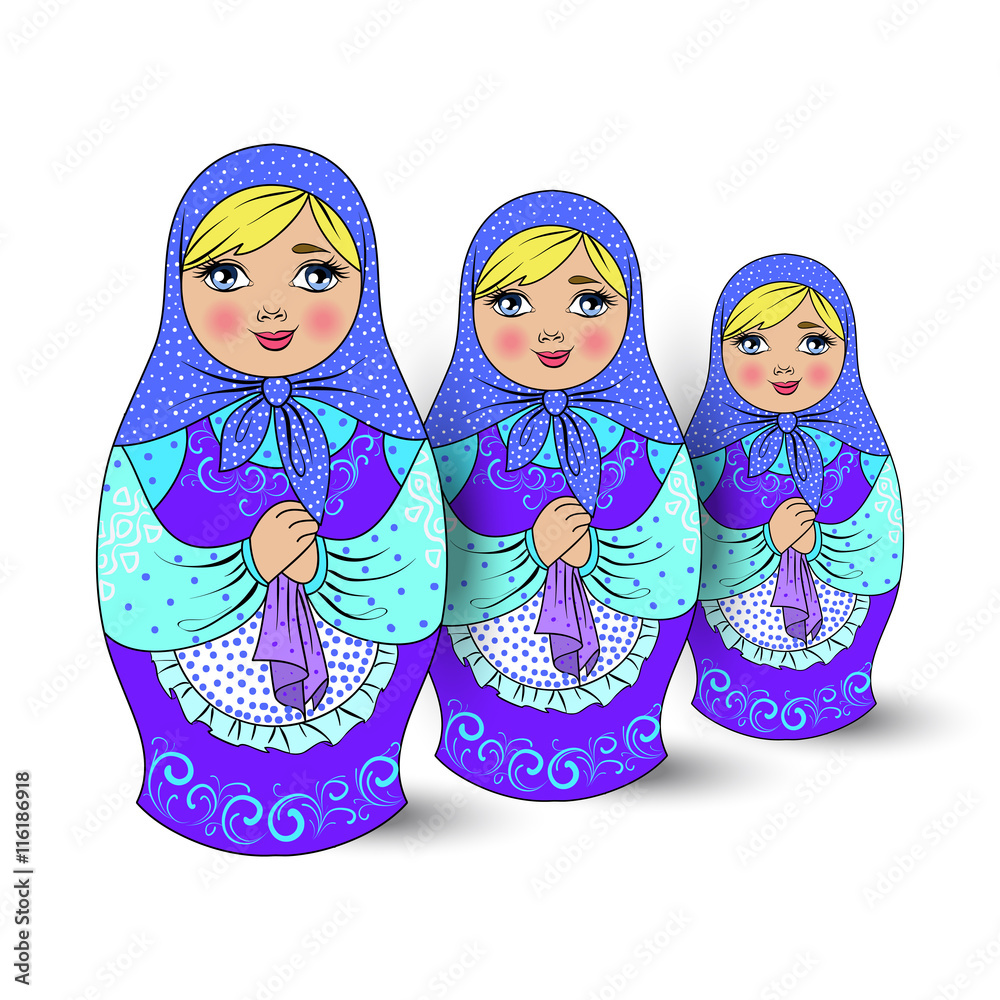 Isolated traditional Russian souvenir nesting dolls, three pieces. vector illustration