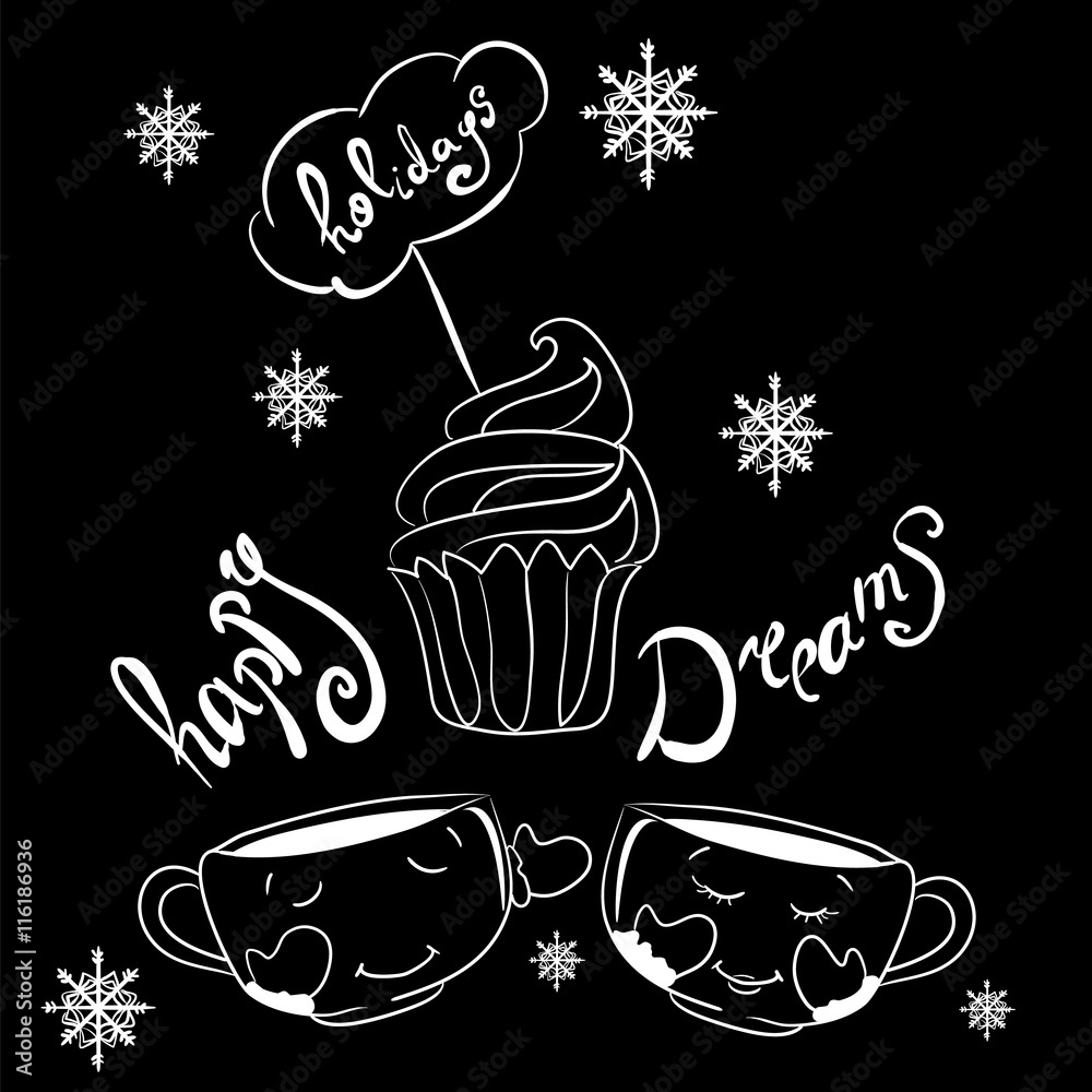 New Year Christmas card with cups and muffins