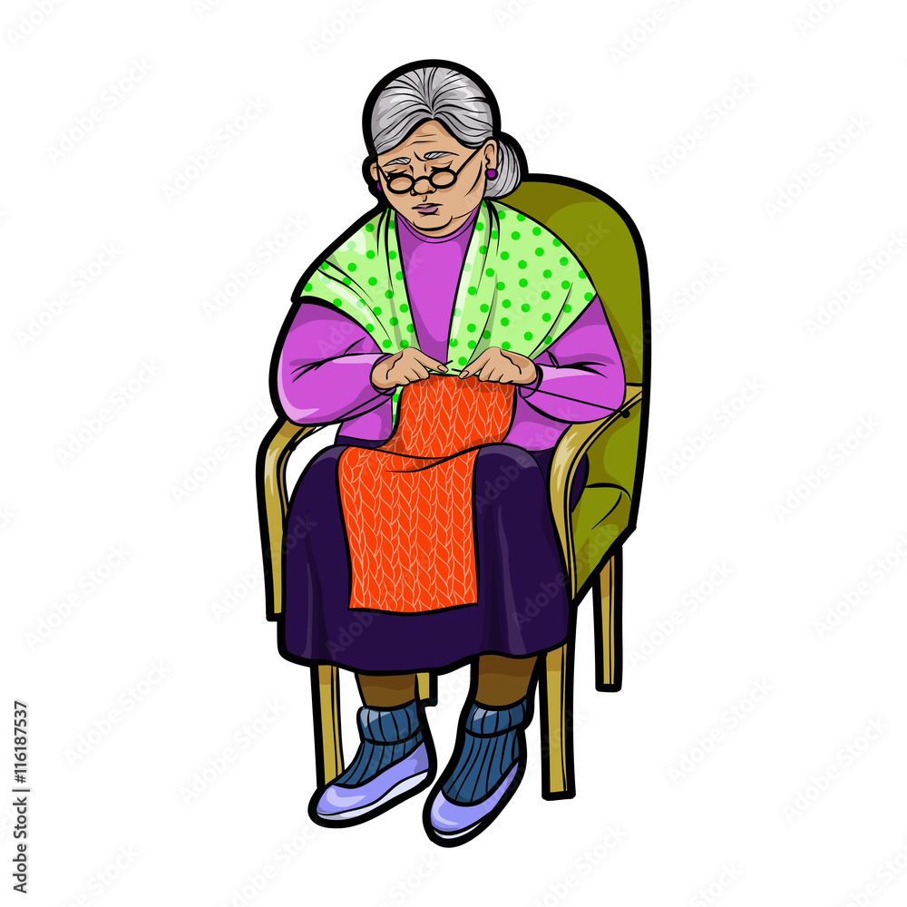 Isolated Grandma in Chair knits, vector illustration