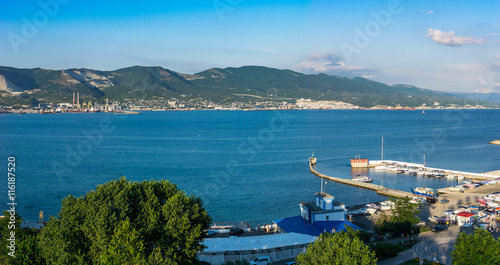 NOVOROSSIYSK, RUSSIA - JULY 11, 2016: Panoramic view of Tsemes bay, port and sea-front in Novorossiysk, Russia.