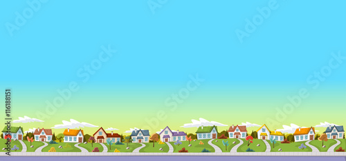 Colorful houses in suburb neighborhood. Green park landscape with grass, trees, flowers and clouds.
