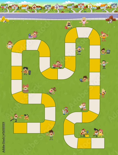 Board game with a block path in the city with happy cartoon people