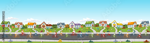 People riding bicycles on the street of a colorful suburb neighborhood. 